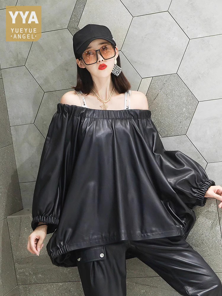 Mulheres jaqueta de couro genuíno coreano sexy slash neck fora do ombro cintura solta meia manga natural pele carneiro elegante oversized