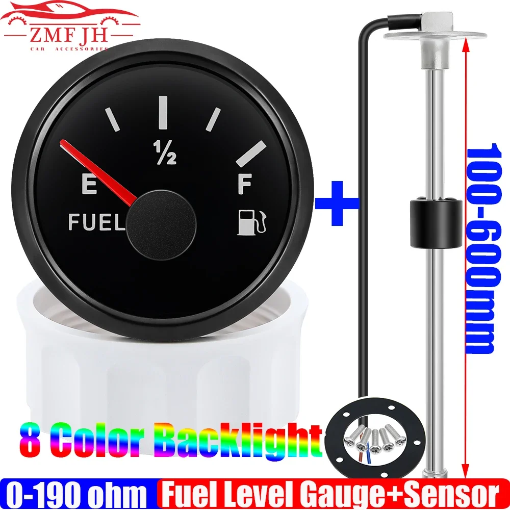 0-190 Ohm Fuel Float Level Sensor+52MM Fuel Level Gauge 8 Color Waterproof Pointer Oil Tank Meter Car Boat Marine 12V 24V Custom
