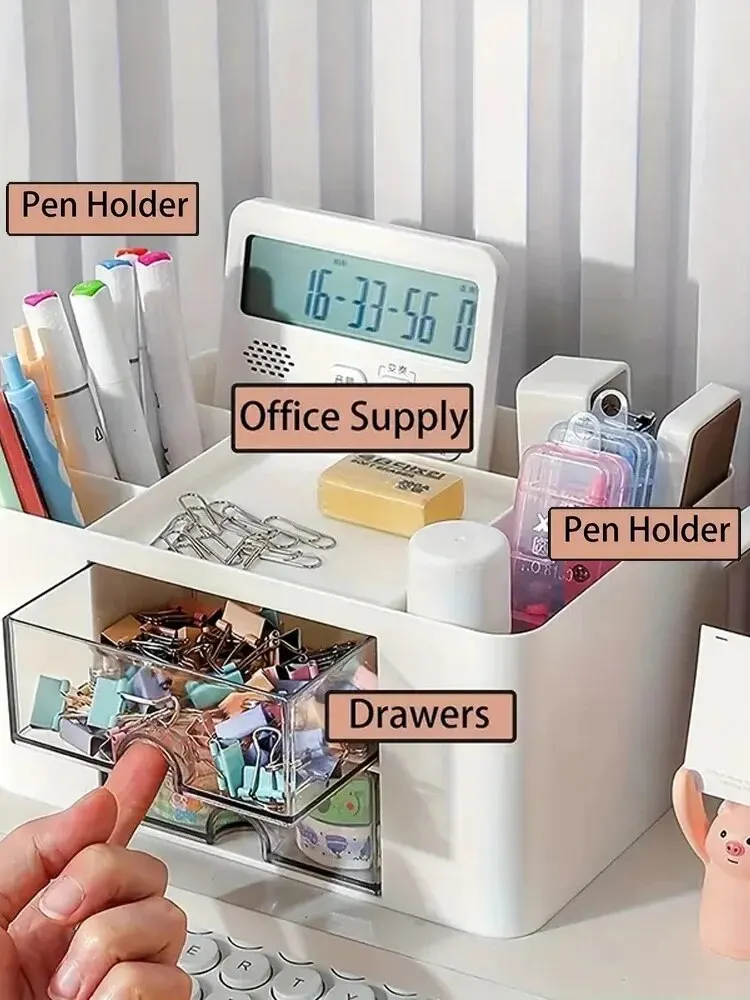 1PC ปากกา 2 ลิ้นชัก Multi-Functional ผู้ถือดินสอสําหรับผู้ถือโต๊ะกล่องเก็บสําหรับโต๊ะอุปกรณ์สํานักงานโต๊ะเครื่องแป้ง