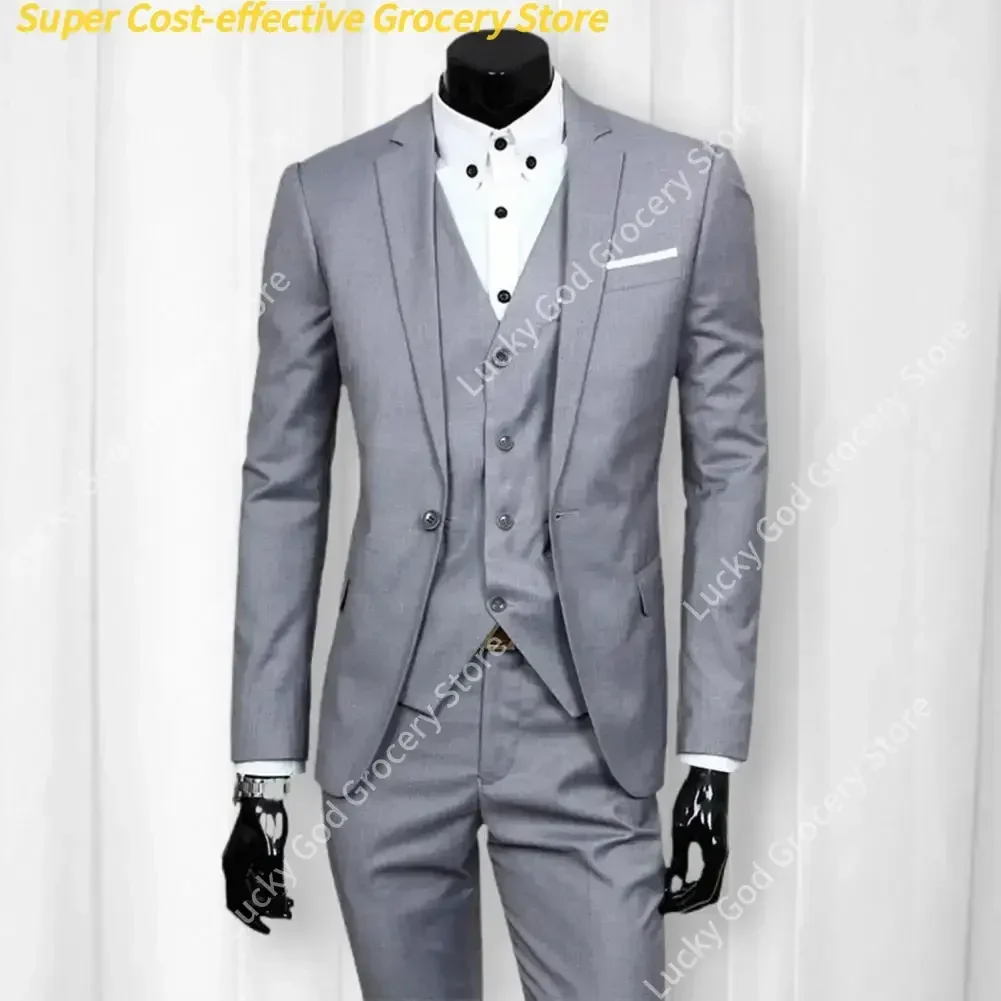 3-częściowy garnitur męski slim fit, elegancki garnitur w jednolitym kolorze, zestaw kamizelka i spodnie, garnitur biznesowy męski, костюм мужской