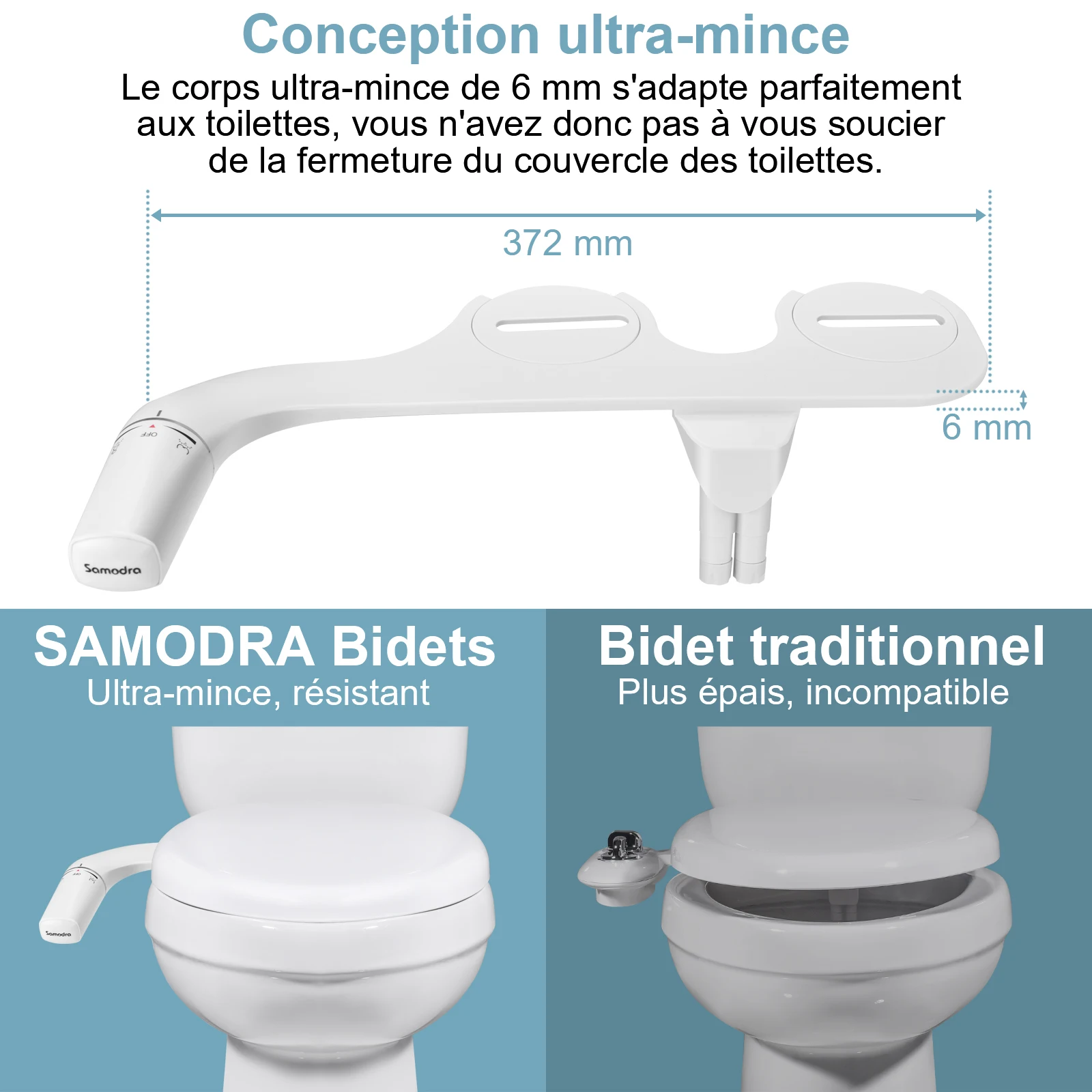 Bidet SAMODRA Ultra-Mince, Bidet Minimaliste pour Toilette Sans Electricité (Lavage Avant et Arrière), Pression d'Eau Réglable, Attache de Siège de Toilette à Eau Fraîche, Facile à Installer.