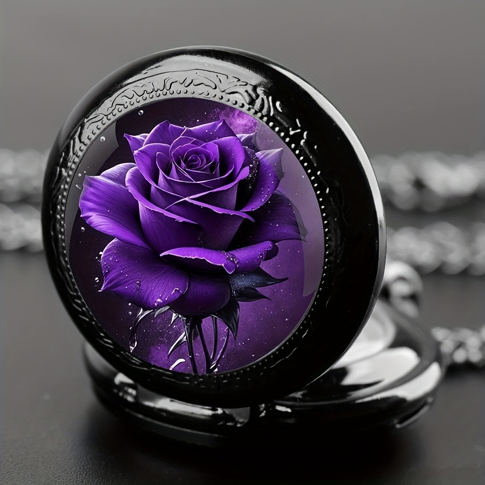 Damen-Quarz-Taschenuhr-Halskette mit lila Rosen- und schwarzem Glasanhänger, elegantes Blumendesign für lässige oder formelle Outfits