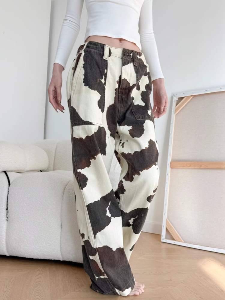 2024 Ropa Y2K ファッション牛柄だぶだぶの新しいジーンズパンツ女性デザイナー服ストレート綿韓国カジュアル女性のズボン
