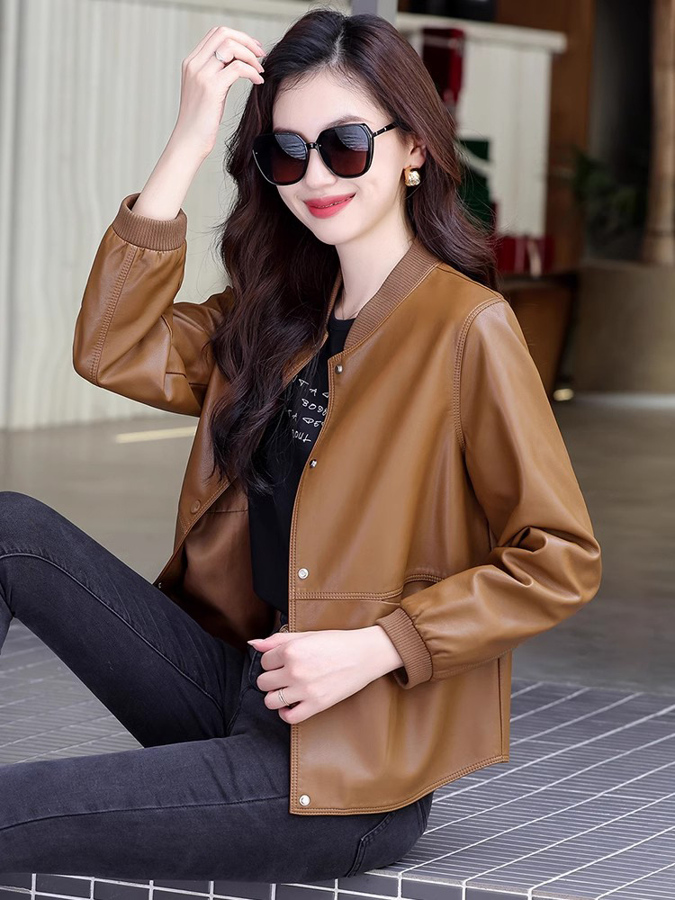 New Women Casual Leather Jacket Spring Autumn Fashion Patchwork V-Neck Single Breasted Loose Short Outerwear Split Leather