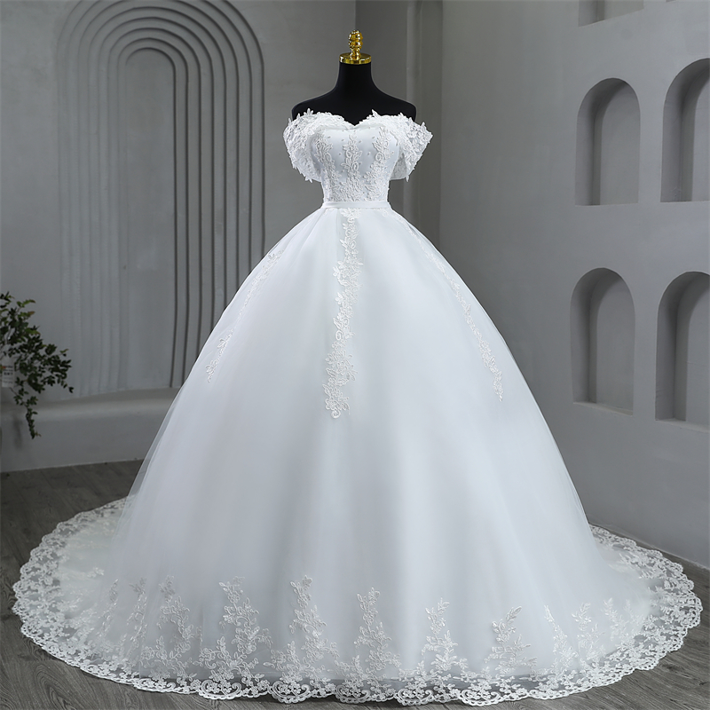 Abiti da sposa bianchi taglie forti abiti da sposa con spalle scoperte eleganti Appliques lunghe perle abito da sposa pavimento o lungo treno