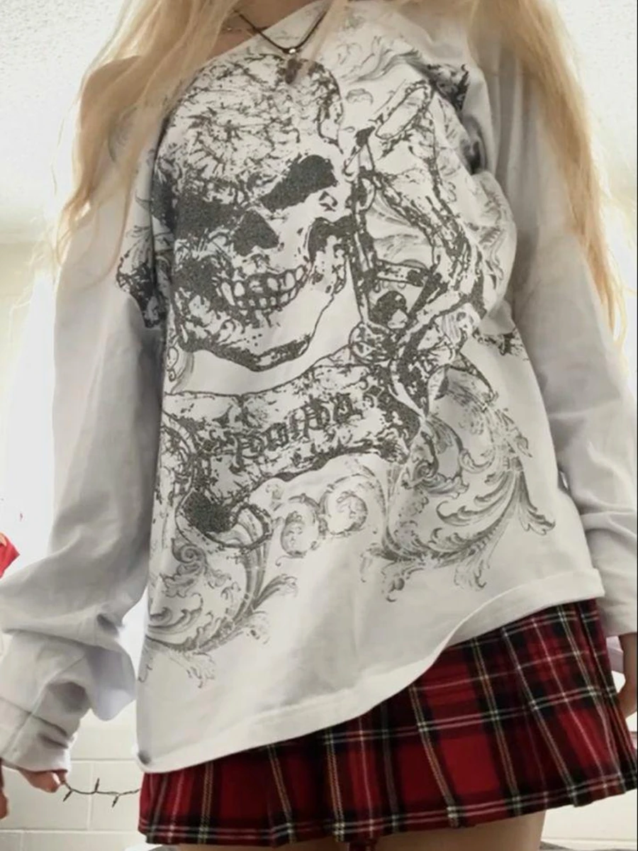 女性 Y2K グランジ妖精トップスファッションハロウィン長袖オフショルダースカルプリントカジュアルストリートパーティー秋 Tシャツ