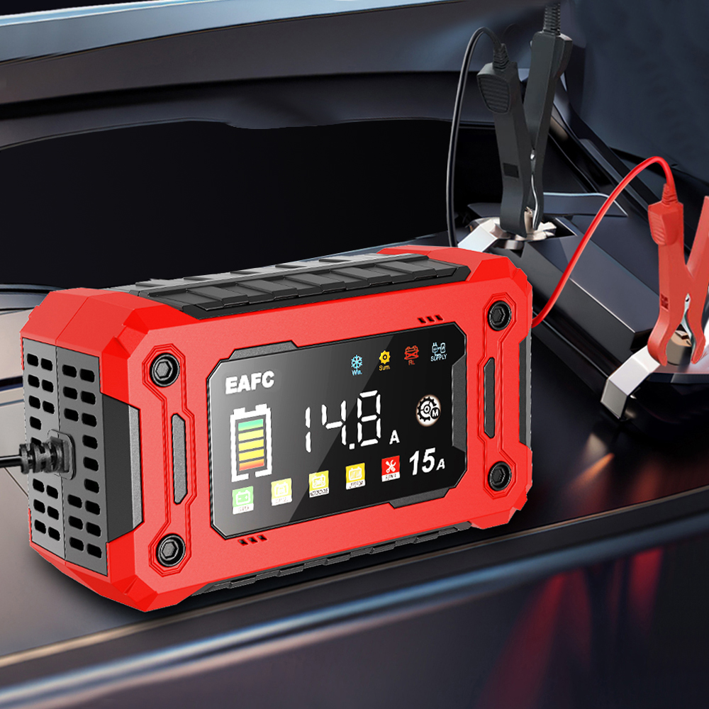 EAFC 12V Autobatterieladegerät 8A/15A Großer Bildschirm Pluse Reparaturladegerät für Auto Moto SUV Lithium AGM Blei-Säure-GEL LCD-Display