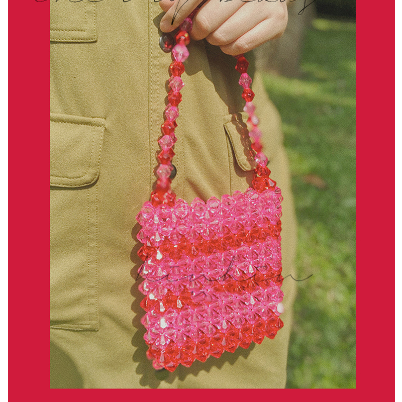 Cherry Color Transparent Bag Beautiful Handmade Beaded Own Designer Handbag Acrylic Hand-woven Beaded Crystal Pearl Clear Purses