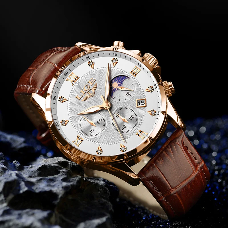 Relojes LIGE para hombre, reloj de negocios informal, reloj de pulsera con cronógrafo luminoso y resistente al agua de lujo para hombre, reloj de cuarzo, reloj de cuero