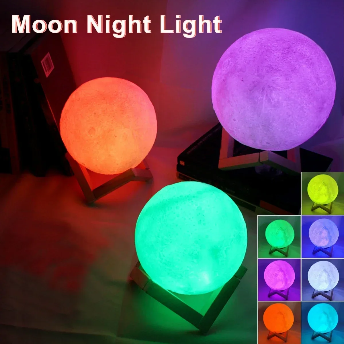 Luce notturna a LED Lampada lunare da 8 cm alimentata a batteria con supporto Lampada stellata Decorazioni per la camera da letto Luci notturne Regalo per bambini Cella a bottone