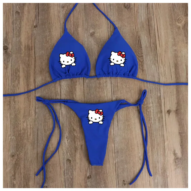 かわいい水着女性ツーピースハローキティプリントビキニセットかわいい女の子セクシーな調節可能な下着ブラジャー Tバック女の子ビーチウェア夏