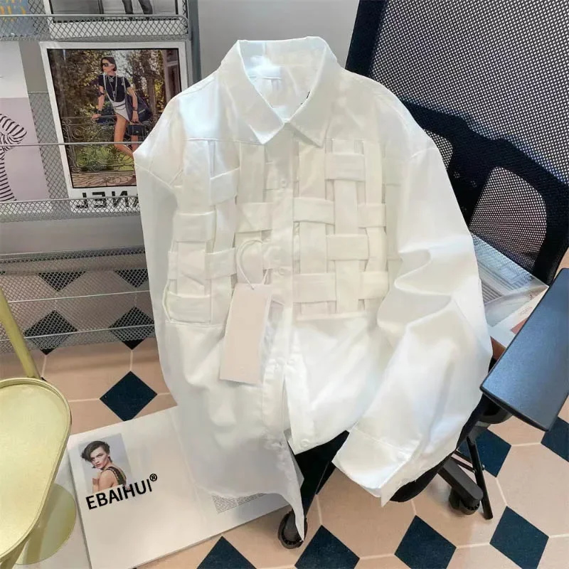 EBAIHUI, camisas lisas con agujeros para mujer, solapa, manga larga, cintura suelta, blusa de retales a la moda, camisa informal elegante de poliéster para mujer 2024