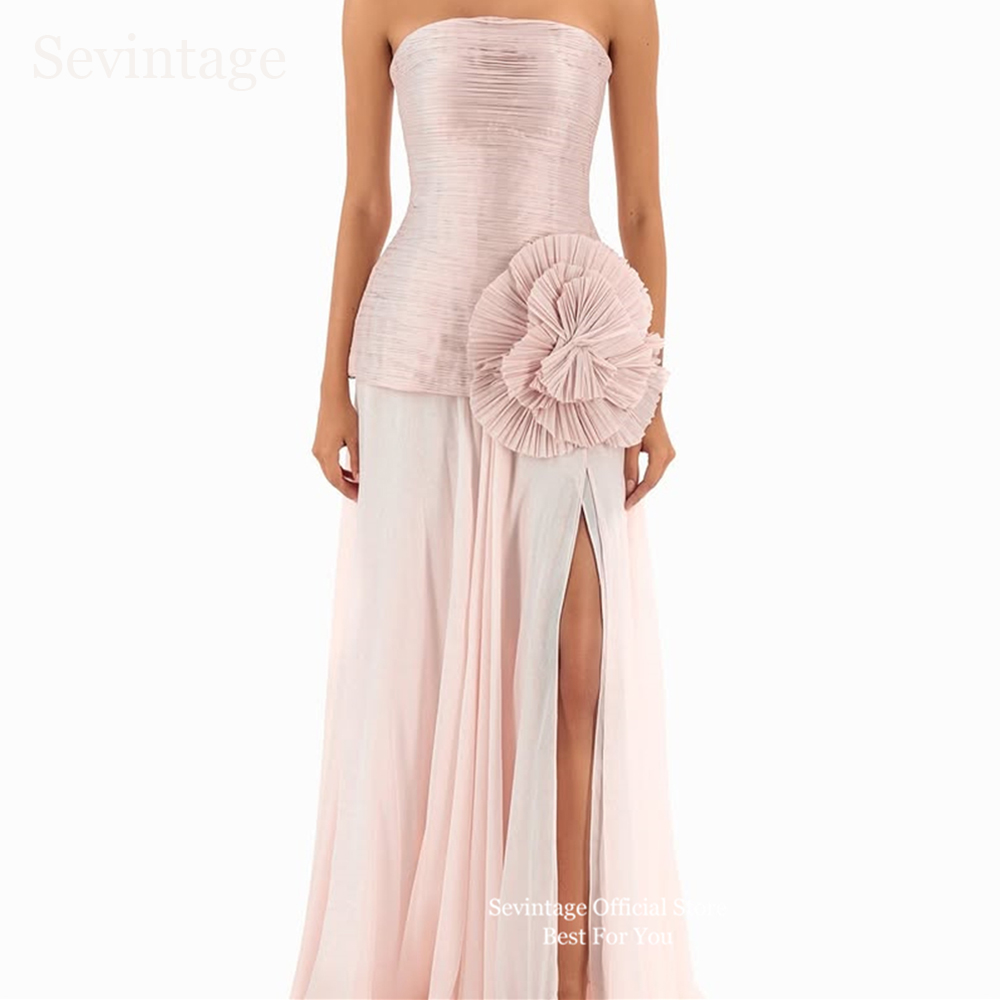 Sevintage Roze Chiffon Luxe Avondjurken Mouwloos 3D Bloemen Formele Galajurken Plooien Saudi Arabische Zijsplit Gala