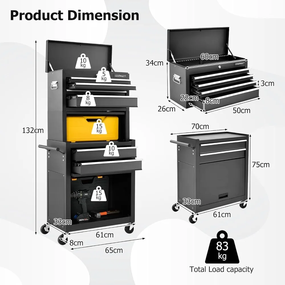 Large Rolling Tool Cabinet, 2-in-1 Detachable Metal Tool Chest Hooks & Pegboard, Lockable Tool Box Trolley, Workbenches