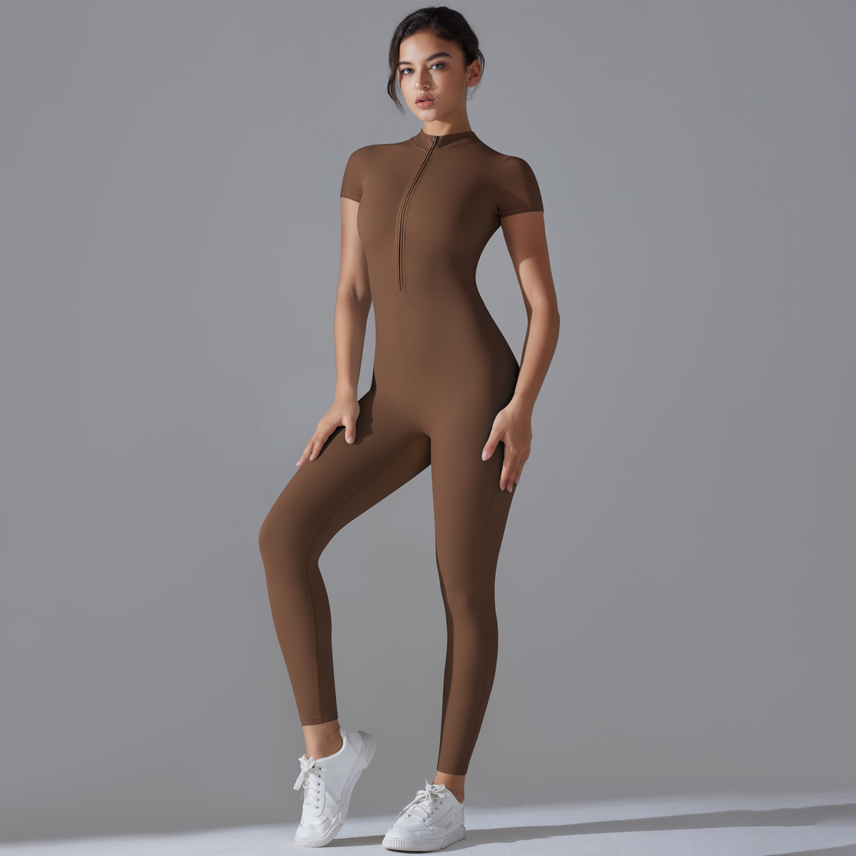 Yogaset Damesjumpsuits Eendelig pak Rits Korte mouw Gym Push Up Trainingskleding Fitnessbodysuit Sportkleding Trainingspak