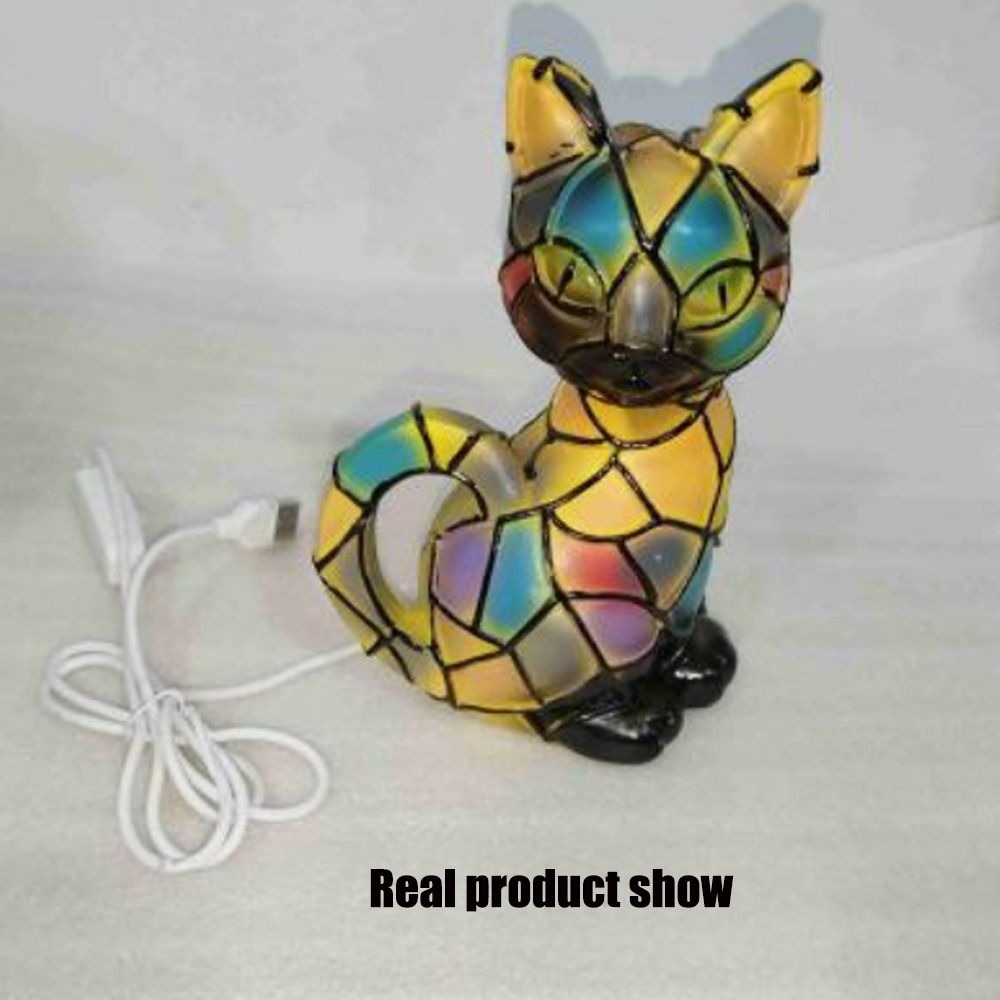 New Durable Stained Glass Cat Lamp Cats Stained Resin 3D Cute Tabletop Retro High Quality Pet Led Table Light Home Bedroom