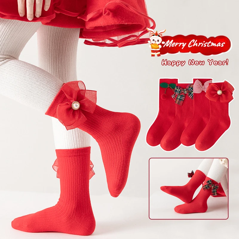 Calcetines con lazo para niños, medias navideñas, nuevas medias para bebés, calcetines para niñas, calentadores de piernas de otoño e invierno para Navidad de 2025, Año Nuevo