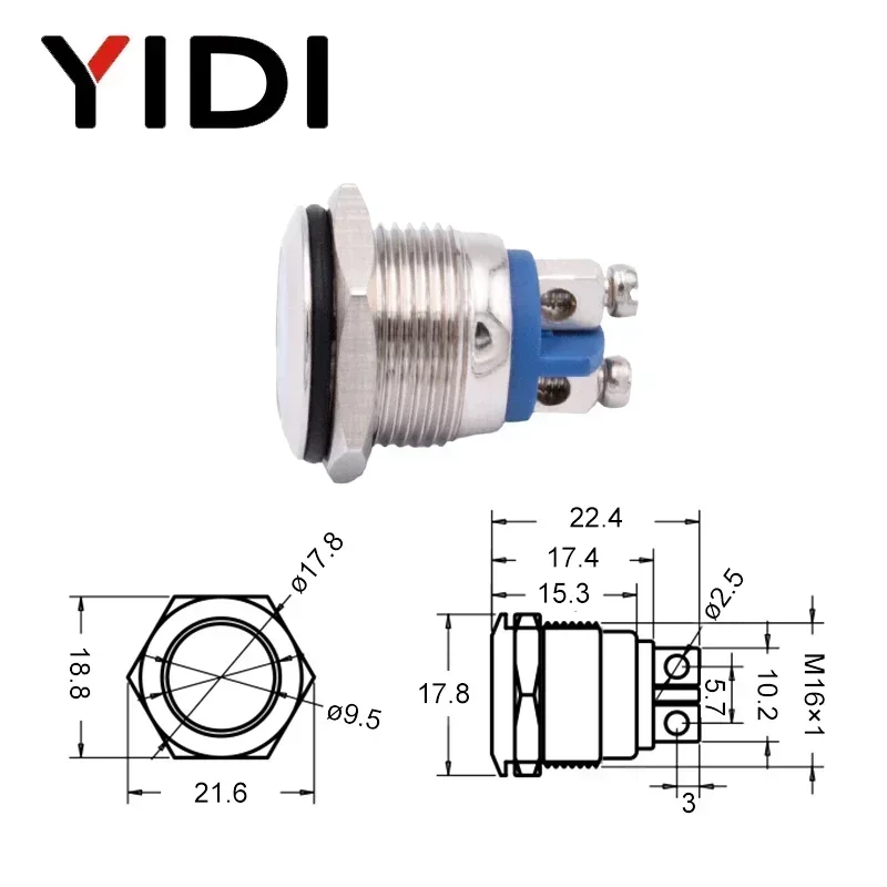 16mm防水クロムメタルインジケータライト、12V 24V 220V赤、緑、青、白アンバーパイロットランプ信号灯ネジ端子