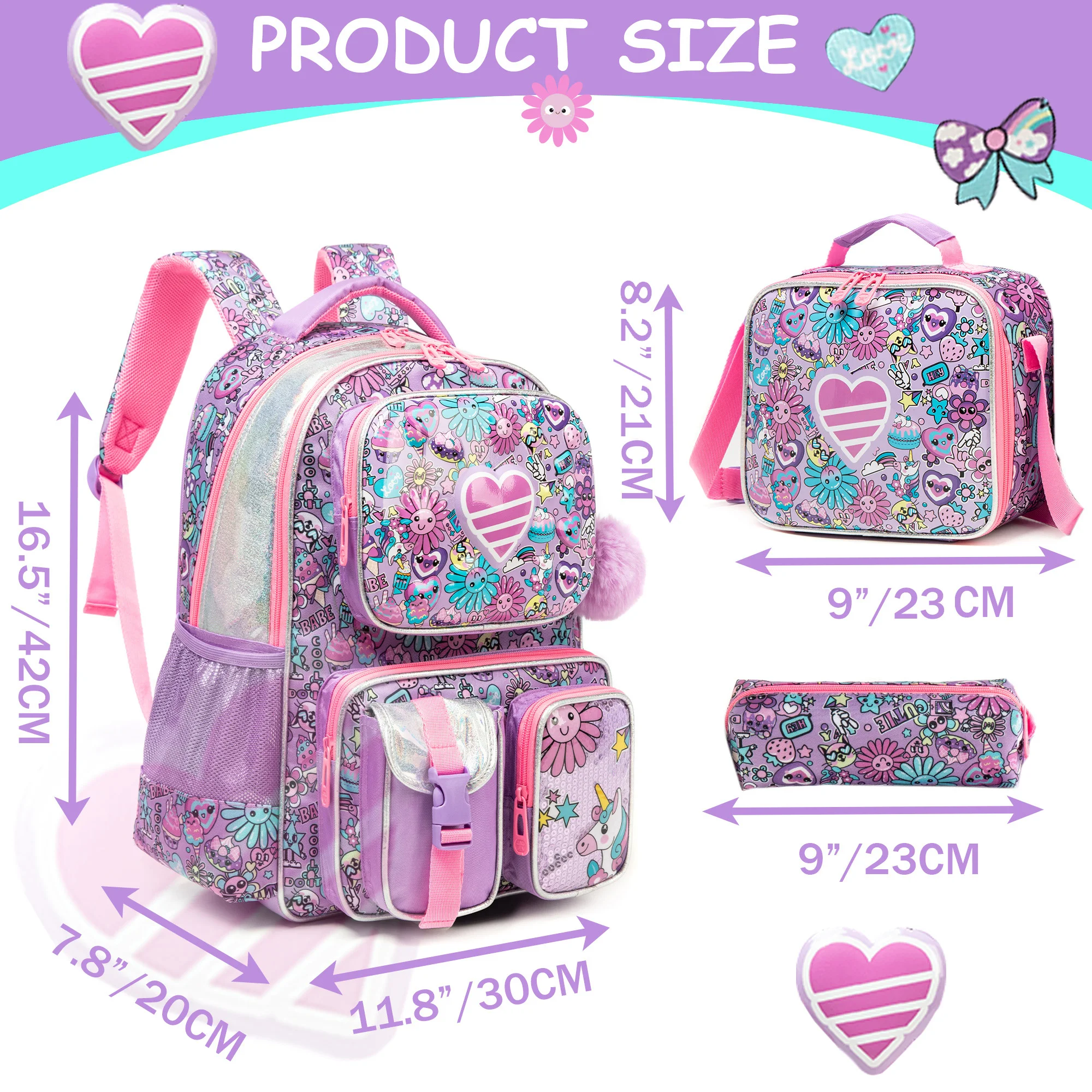 Mochila escolar para meninas com lancheira, estojo para lápis, design de casca dura com vários bolsos, alças ajustáveis para viagens escolares ou piqueniques