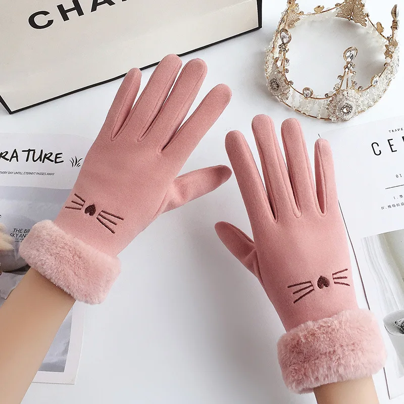 ฤดูหนาวหญิงแคชเมียร์หนังนิ่มหนังขี่จักรยาน Mittens คู่กํามะหยี่หนา Plush นาฬิกาข้อมือผู้หญิงหน้าจอสัมผัสถุงมือขับรถ
