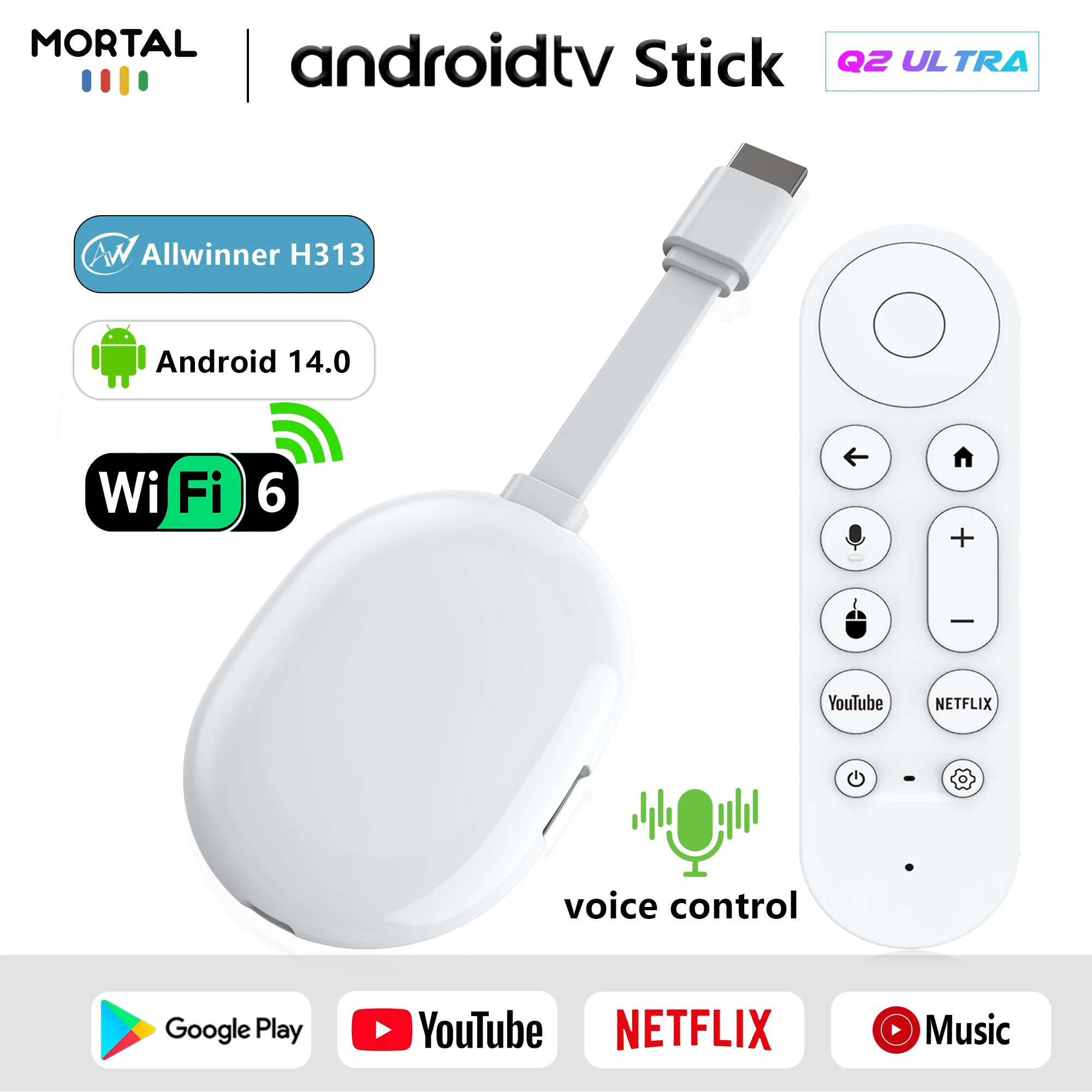 Android TV Stick Smart 4K Home theater Mortal Q2 ultra AllwinnerH313 Netflix YouTube Wifi6 Bluetooth Chromecast Control remoto por voz