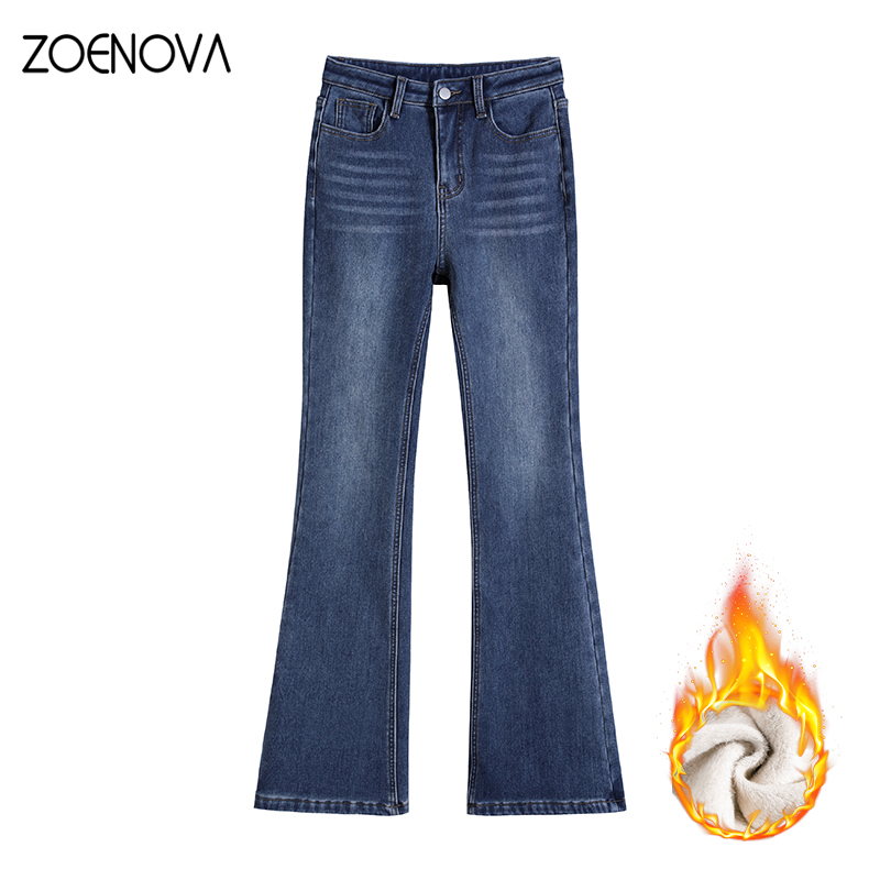ZOENOVA 2023 pantalones vaqueros acampanados de lana para mujer, pantalones vaqueros Vintage para mujer, pantalones vaqueros sexis con cintura abdomen, pantalones elásticos de moda 100% algodón