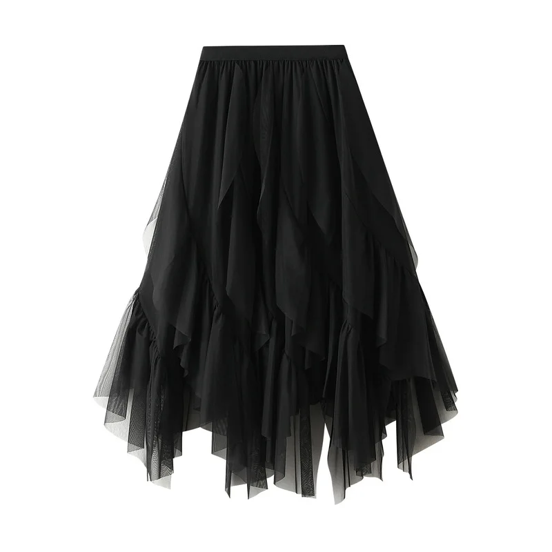 Falda Midi informal holgada de malla con volantes, faldas de verano para mujer, nueva falda ajustada elástica de cintura alta con forro de malla lisa, ropa para mujer