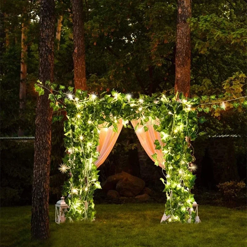 ผ้าไหมปลอมสีเขียวใบ Ivy Vine พร้อมไฟ LED String สําหรับตกแต่งห้องนอนหน้าแรกงานแต่งงานเรืองแสงประดิษฐ์พืช Garland Decor