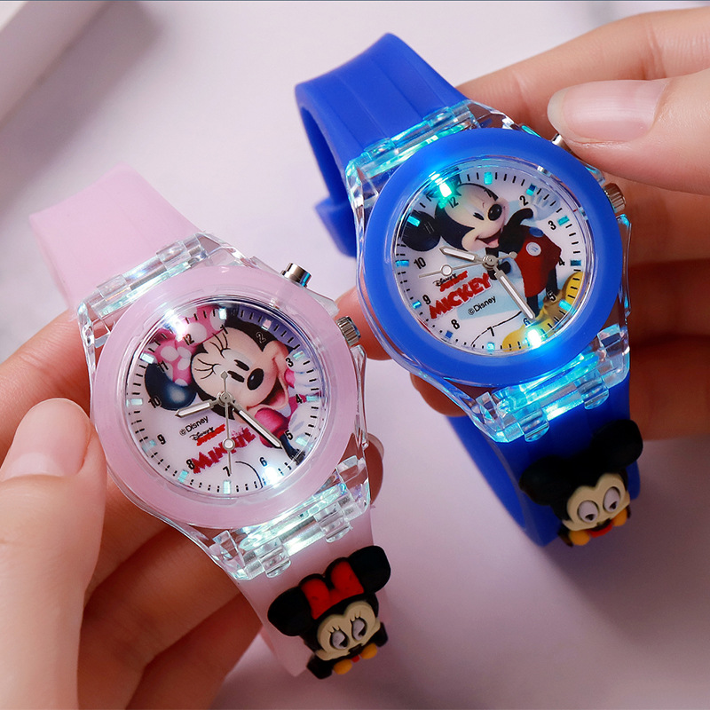 Relojes 3D Mickey para niños, fuente de luz de Color para niñas, reloj Minnie de silicona para niños, reloj de cuarzo para mujeres, regalos, reloj femenino