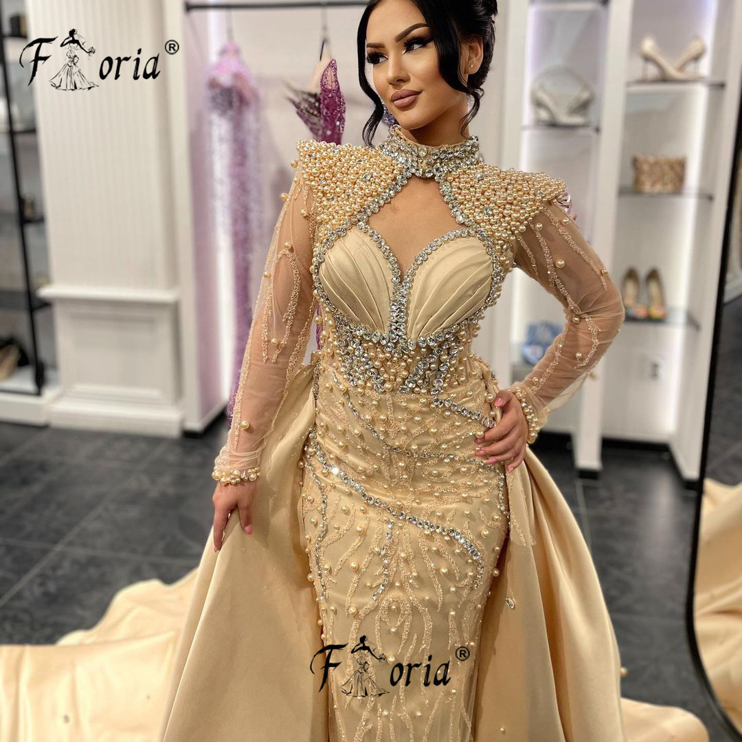 Dubai Women Gold Pearls Beaded Evening Dress with Overskit Cusotmized Crystal Luxury Mermaid Wedding Engagement Gowns Formal