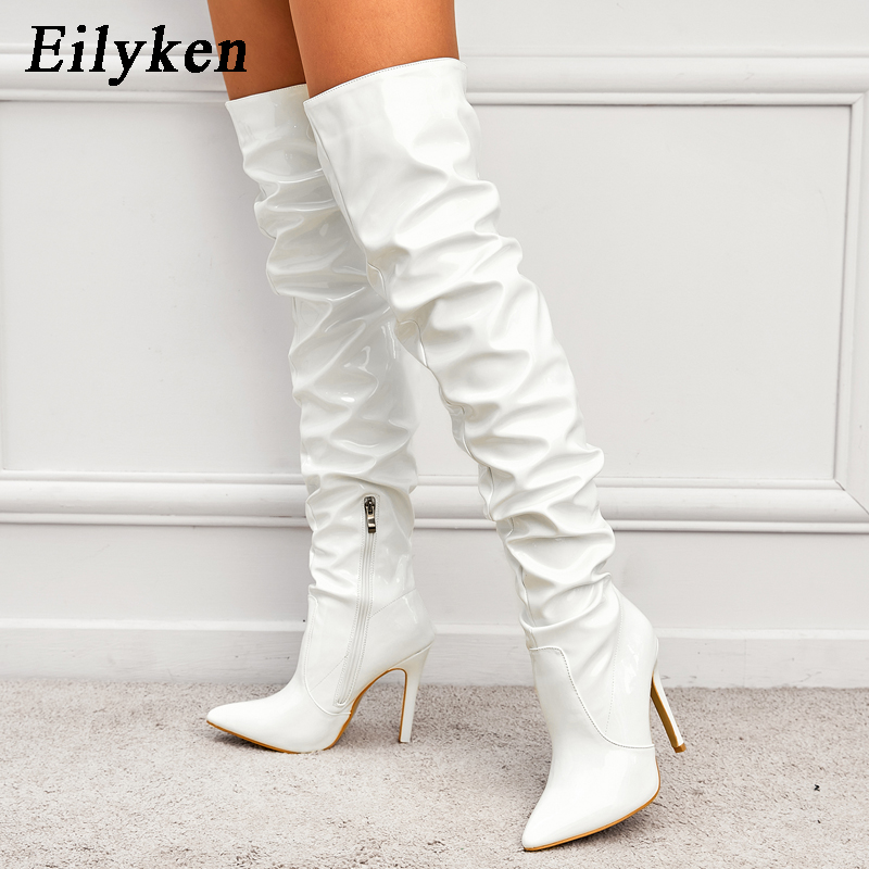 Eilyken-女性用のパテントレザーハイヒール,膝の上に先のとがったつま先のハイヒール,サイドクロージャー付きの靴,丈夫なスティレット,女性用