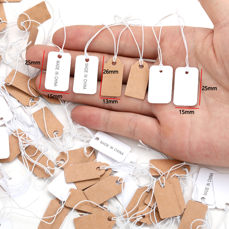 100 stks sieraden klein label diy blanco kleine tag multi size kraftpapier witte elastische lijn prijskaartje X13