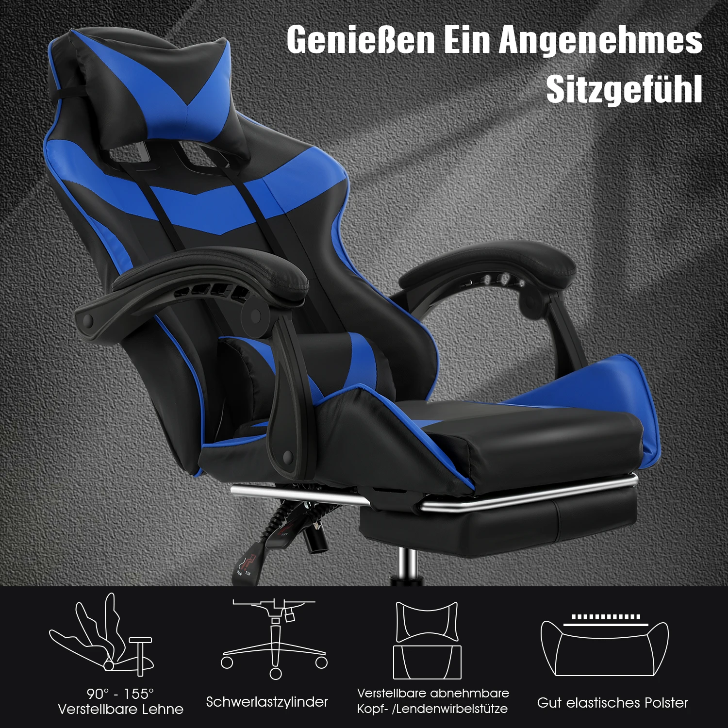 Sedia da gioco per massaggi, sedia per computer con poggiapiedi e supporto lombare, sedia da gioco regolabile in altezza con 360° ° -Sedizione girevole e