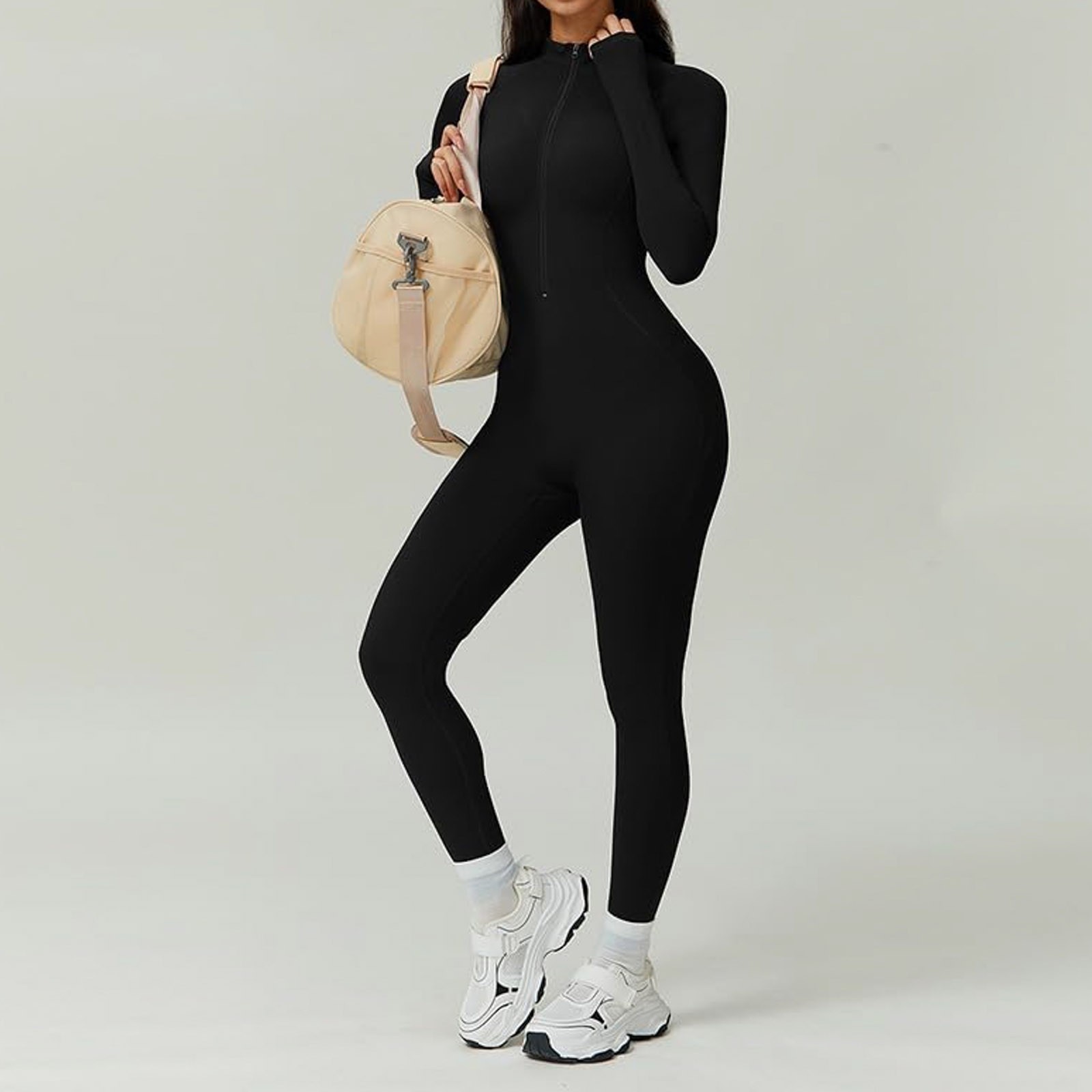 フリース裏地暖かいワンピース女性スリムジャンプスーツ無地長袖スタンドカラージッパーボディスーツストレッチスポーツヨガ Cothing