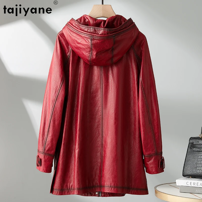 Tajiyane-jaqueta de pele de carneiro comprimento médio para mulheres, couro 100% real, moda vintage, outono e inverno