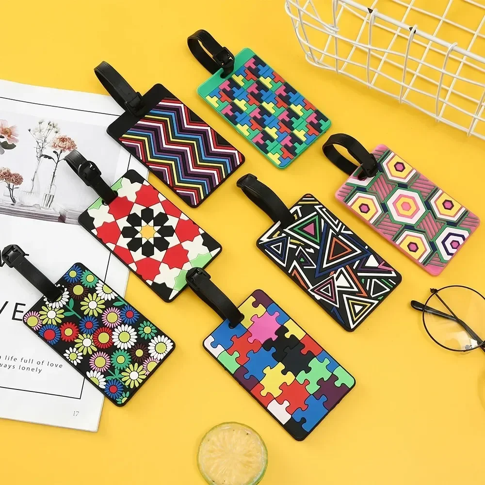 Etiquetas geométricas de silicone macio para bagagem, id de mala, suporte de nome, etiqueta de bagagem, acessórios de viagem, etiquetas de bagagem, 1 peça