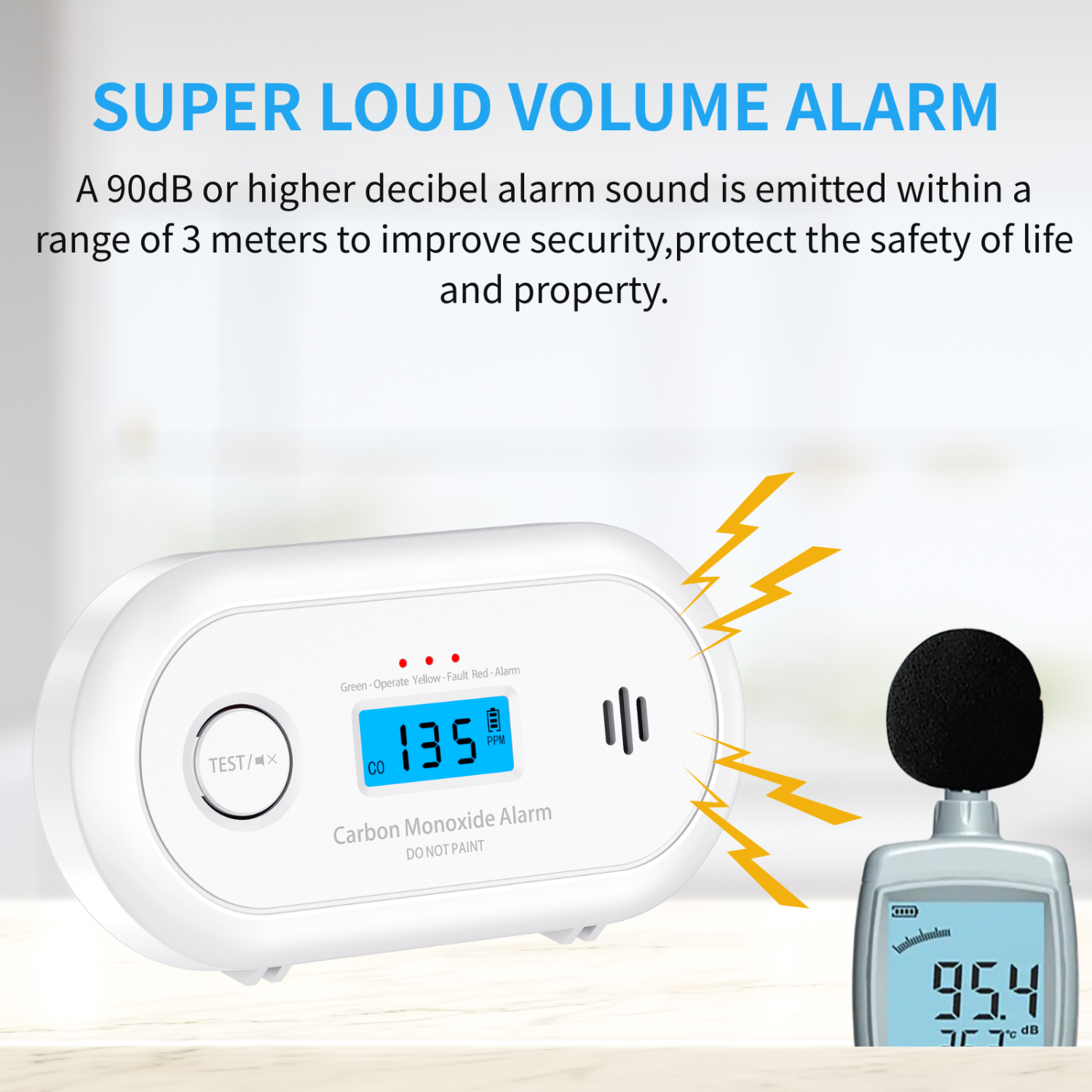 Koolmonoxidemelder met digitaal LCD-display, koolmonoxidedetector met lange levensduur CR123A Li-batterij, EN 50291, VC22R