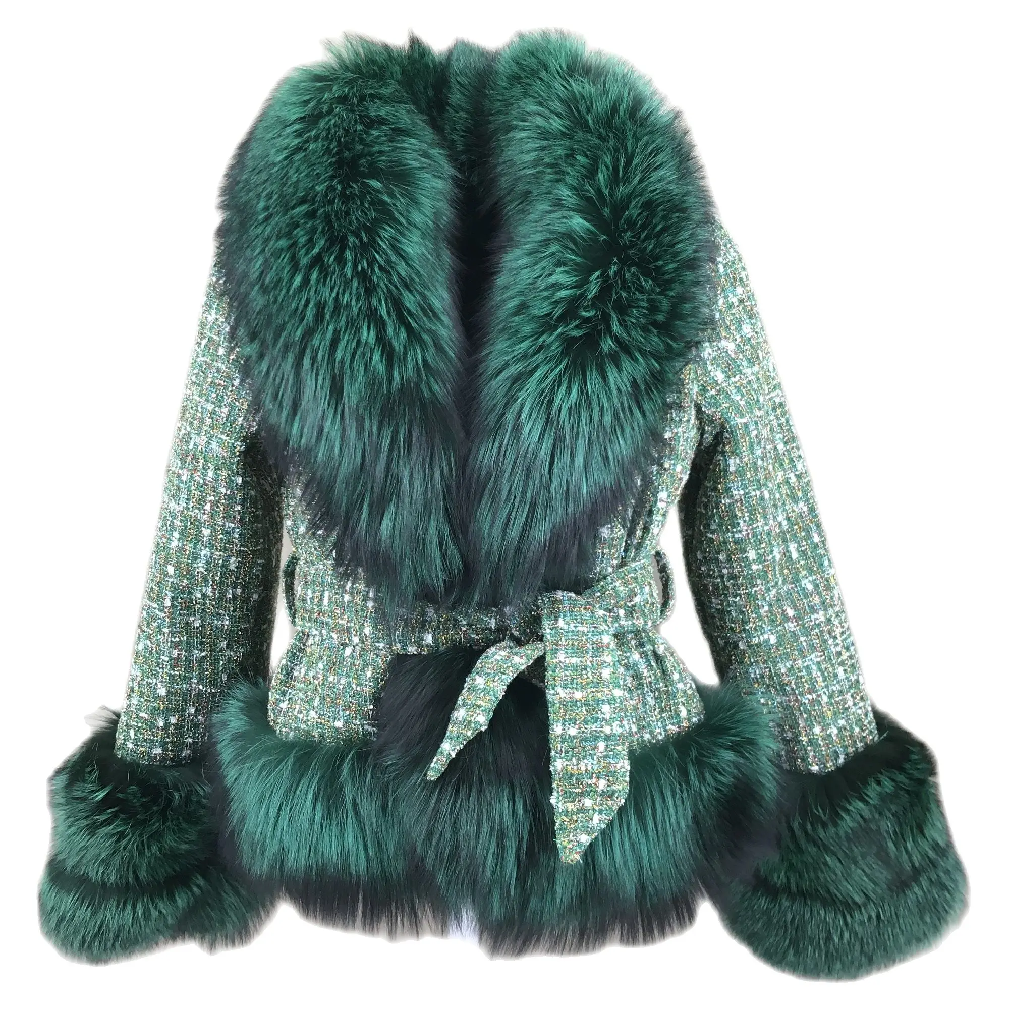 Casaco curto com gola de pele de raposa vermelha real para mulheres, frente e cinto, pele elegante, cor verde, casaco outono e inverno