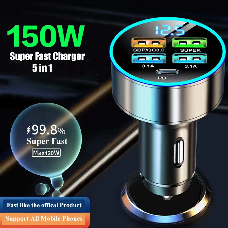 5 in 1 USB C Auto ladegerät mit Spannungs anzeige Super Schnell lade telefon adapter im Auto für iPhone 15 Pro Max 14 Samsung Huawei