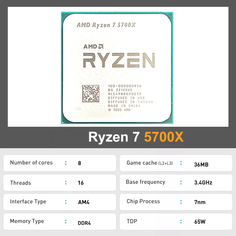 AMD Ryzen 7 R7 5700X 3.4GHz 8코어 16스레드 CPU 프로세서 소켓 AM4 팬 없음