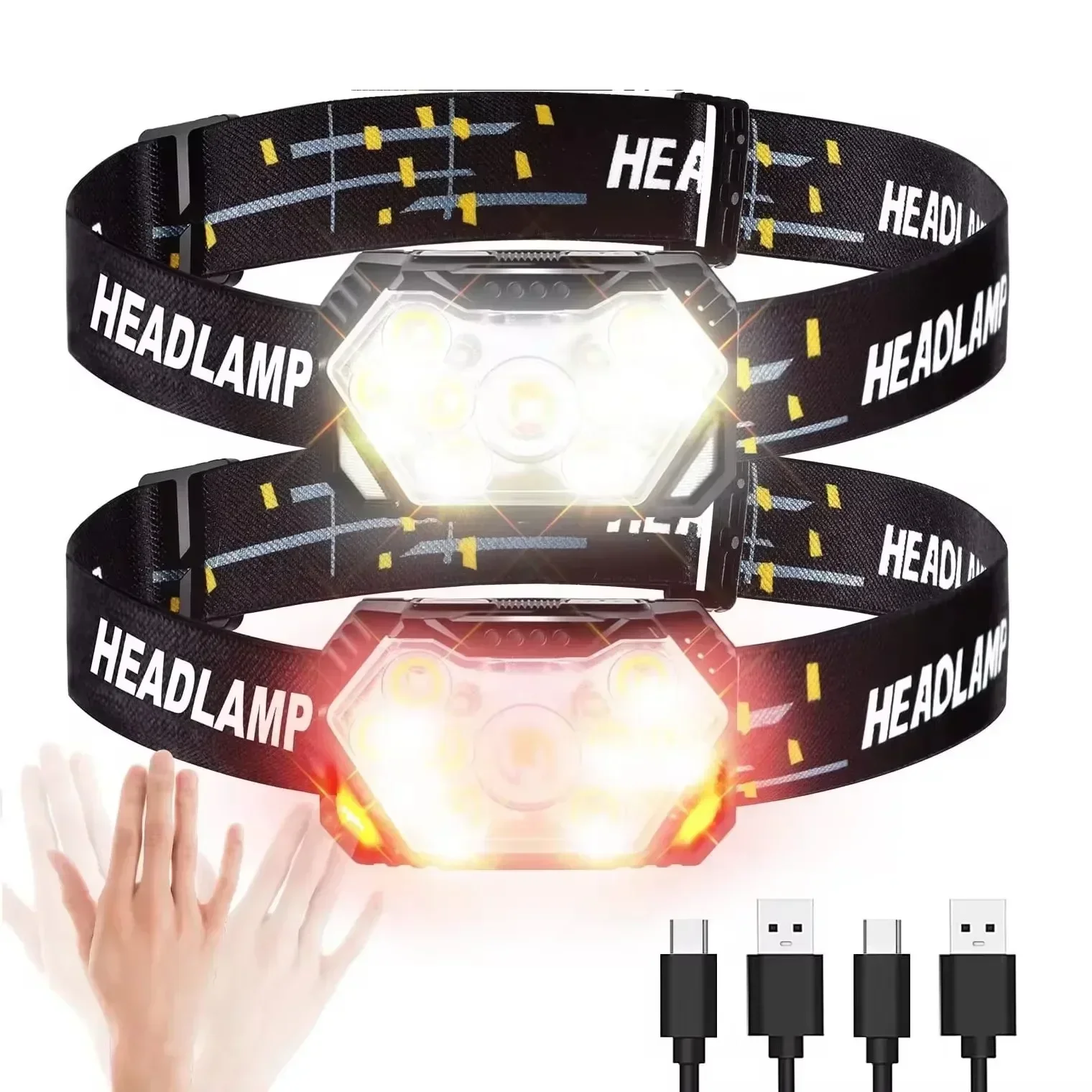 Poderoso sensor de led farol recarregável usb led cabeça tocha acampamento busca luz com bateria embutida lanterna de pesca