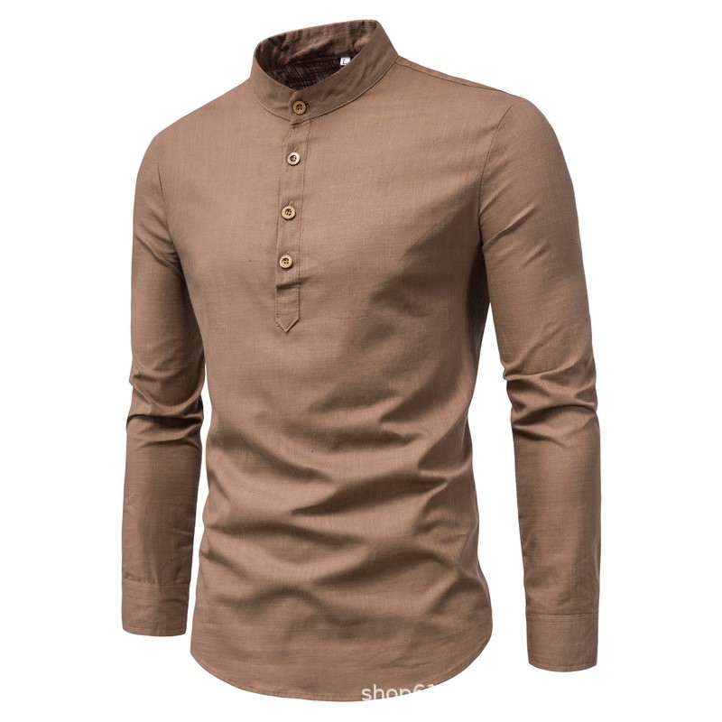 Men's solid color casual slim fitting standing collar long sleeved business shirt shirt