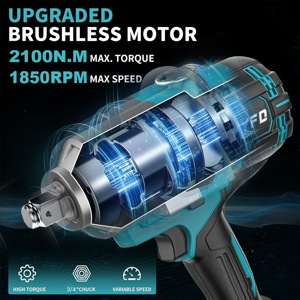 2100N.M Brushless Cordless Electric Impact Wrench Rechargeable 3/4" Power Tools Compatible Makita 18V Battery