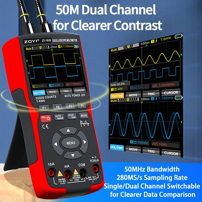 ZOYI ZT-703S Upgrade 50MHz Handheld Digital Oscilloscope Multimeter Signal Generator 3 in 1 Dual Channel Automotive Tools
