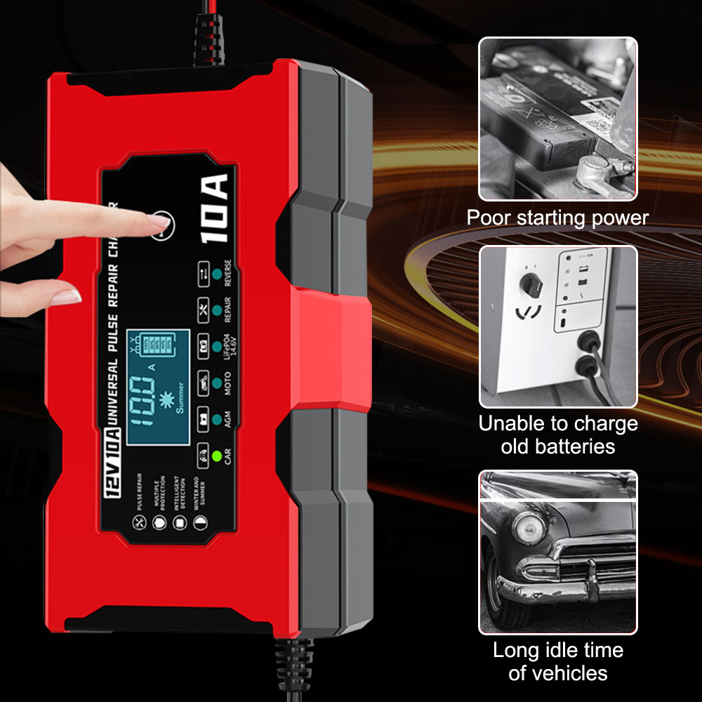 Carregadores de bateria de automóvel 12v 10a ferramenta de reparo de pulso inteligente para ferro baterias de chumbo-ácido de lítio carregadores de carro de célula de armazenamento