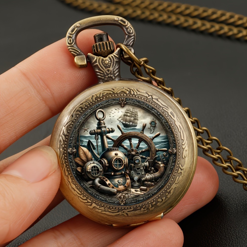 Relógio de bolso de quartzo com design de âncora de veleiro náutico exclusivo vintage, com pingente de colar de corrente, ótimo presente para crianças, homens