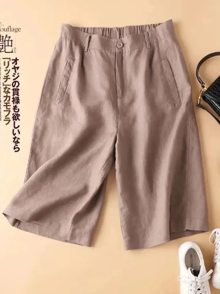 Hoge taille KATOEN Linnen damesshorts Los Casual Effen Dames zomershorts Basic Zwart Koffie Semi-elastische taille shorts