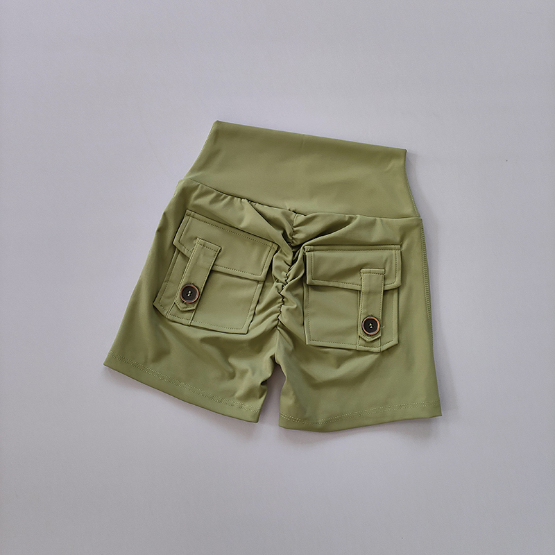 Nackte, pfirsichfarbene, nahtlose Fitness-Shorts mit hoher Taille und Taschen für Damen, eng anliegend, für Sport, Laufen, Training, Tanz, Hüfthebehose