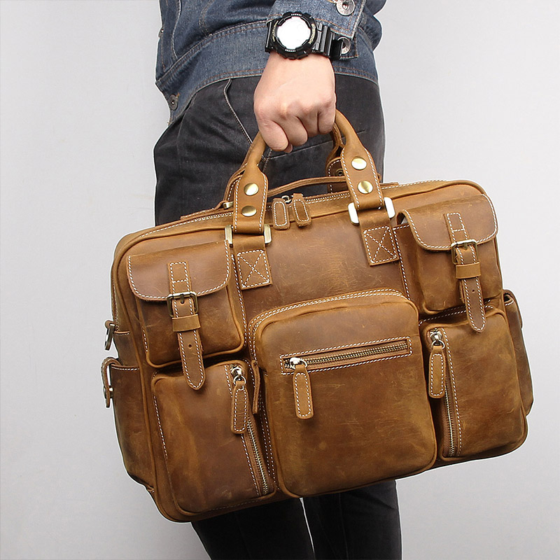Maletines de cuero Real Vintage para hombre, bolso de mano de capa para Notebook PC de 15 pulgadas, bolso de negocios marrón