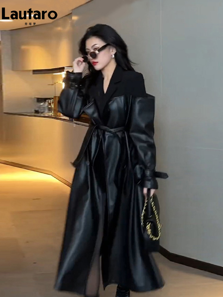 Lautaroฤดูใบไม้ร่วงยาวสีดําPatchwork PuหนังTrench Coatสําหรับผู้หญิงคู่หลวมสไตล์Luxury Designerเสื้อผ้า 2023